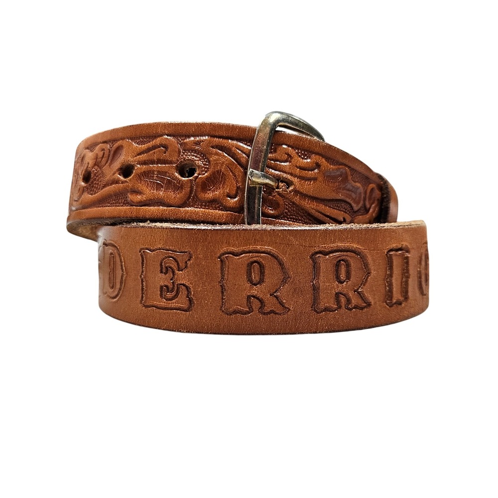 Vintage Leather Belt Tooled Floral‎ Personalized DERRICK Western Style Tan 28